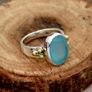 Aqua Chalcedony Ring, 925 Sterling Silver Ring, Two Tone Ring, Faceted Chalcedony Ring, Oval Designer Ring, Dainty Ring, Statement Ring
