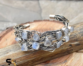 Moonstone Bracelet, Handmade Wraparound Wire Bracelet, 925 Sterling Silver, Multi Strand Cuff, Wedding Gifts Jewelry, Wire Wrap Bracelet