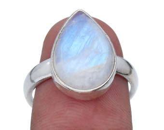 Pear Rainbow Moonstone Ring, Sterling Silver Dainty Anniversary Ring