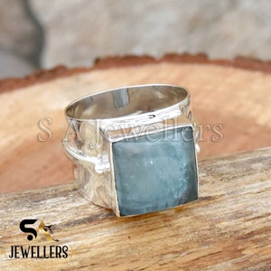 Natural Aquamarine Ring, 925 Sterling Silver Ring, Handmade Ring, Wedding Ring, Hammered Ring, Bohemian Ring, Square Stone Ring, Gift Ring