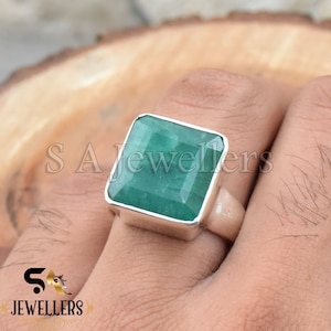Handmade Cushion Cut Indian Emerald Ring: 925 Sterling Silver