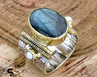 Bague labradorite naturelle, bague en argent sterling 925, bague labradorite et perle, bague bicolore, bague large, bague texturée fleur, bijoux faits main