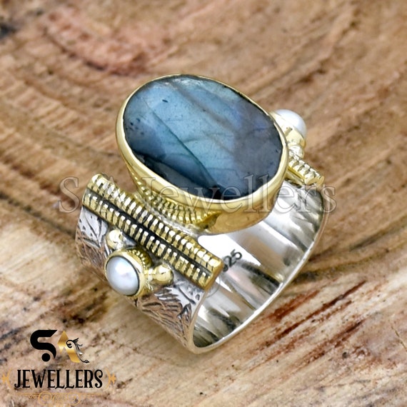 Blue Labradorite Ring Size 6 1/2 Sterling Silver Nautical Theme -  MosaicSmith