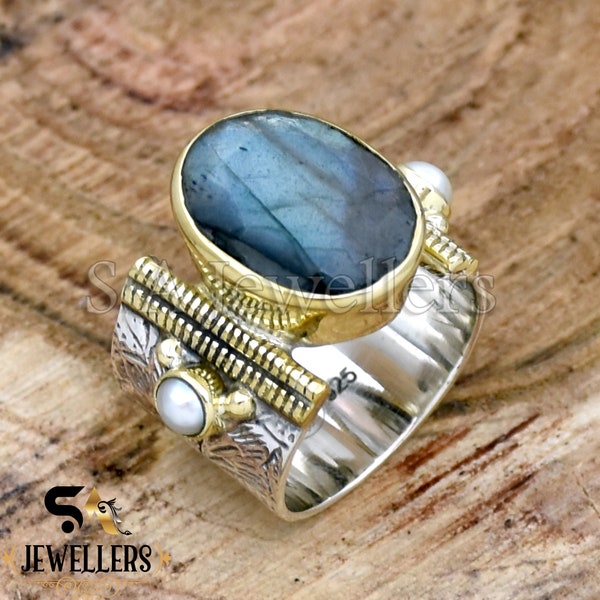 Bague labradorite naturelle, bague en argent sterling 925, bague labradorite et perle, bague bicolore, bague large, bague texturée fleur, bijoux faits main