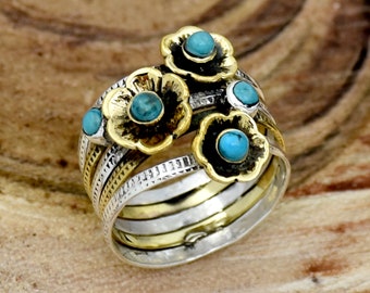 ブルーターコイズ スターリングシルバー ローリングリング：マルチ