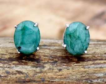 Emerald Stud Earrings, 925 Sterling Silver Earrings, Handmade Earrings, Indian Emerald Earrings, Statement Earring, Anniversary Gift For Her