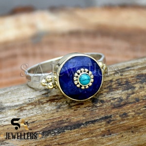 Indian Sapphire Ring, 925 Sterling Silver Ring, Handmade Ring, Blue Sapphire and Turquoise Ring, Inlaid Ring, Two Tone Ring, Hammered Ring