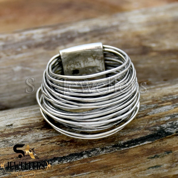 Handgemaakte omhullende zilveren draadring Sterling zilveren ring Statement ring Zilveren brede wikkelring Multi Layer zilveren draadring Handgemaakte sieraden