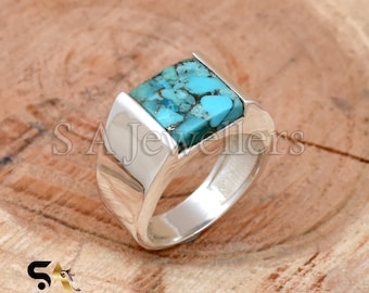 Anillo turquesa de cobre azul, anillo de plata de ley 925 anillo de hombre turquesa, anillo de declaración, anillo turquesa de cobre, regalo de anillo boho para él