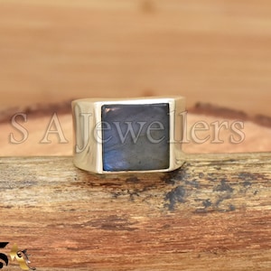 Handgefertigter Kissen Labradorit Ring: 925 Sterling Silber Herrenring