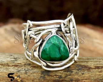 Indian Emerald Ring 925 Sterling Silver Ring Handmade Ring Zigzag Ring, Unique Ring, Wire Wrapped Ring, Anniversary Ring Handmade Jewelry