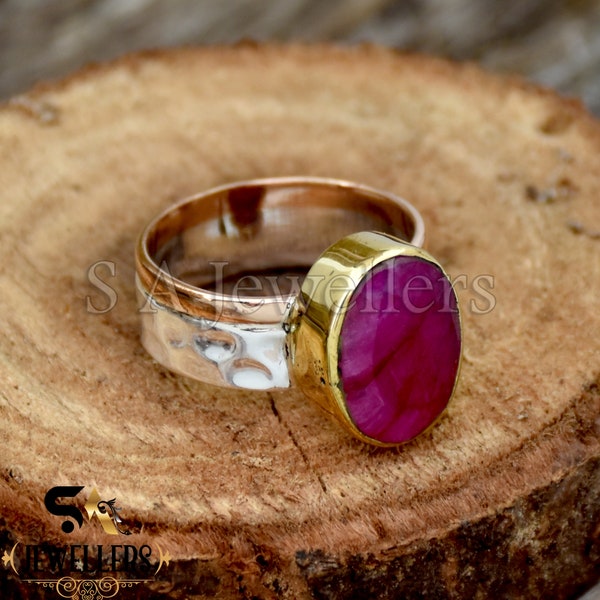 Indian Ruby Ring Faceted Oval Ruby Ring Ruby Two Tone Ring Ruby Hammered Ring 925 Sterling Silver Ring Statement Band Ring Fine Silver Ring