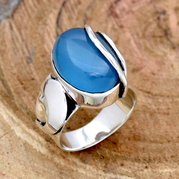 Anello In Argento Con Calcedonio Blu Naturale, Anello In - Foto 14