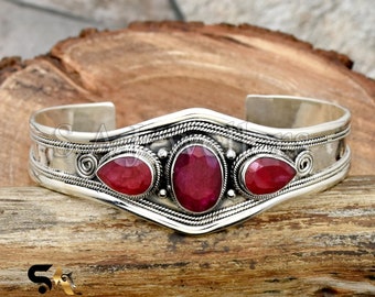 Indian Ruby Cuff Bracelet, 925 Sterling Silver Bracelet, Handmade Bracelet, Ruby Bangle, Designer Bracelet, Handmade Jewelry, Gift For Her