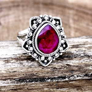 Indian Ruby Ring, 925 Sterling Silver Ring, Faceted Ruby Ring, Pear Gemstone Ring, Handmade Ring, Bohemian Ring, Filigree Ring Jewelry