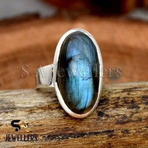 Handgemachte Oval Labradorit Ring: Sterling Silber Boho Schmuck
