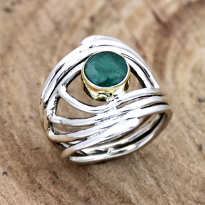Handmade Sterling Silver Wire Wrap Ring: Indian Emerald Boho Statement Ring