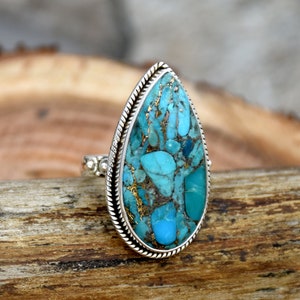 Handmade Pear Blue Copper Turquoise Ring: Sterling Silver Boho Statement