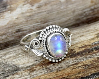 Oval Rainbow Moonstone Ring: Handmade 925 Sterling Silver Jewelry