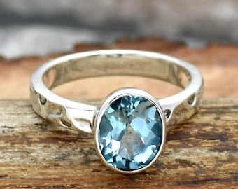 Natural Blue Topaz Ring, 925 Sterling Silver Ring, Oval Blue Topaz Handmade Ring, Hammered Ring, December Birthstone Handmade Jewelry