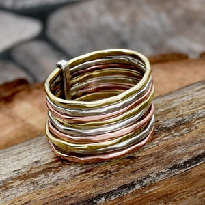 Hammered Ring, Interlocked Ring, Rolling Ring, Two Tone Ring, Multi Band Rings, Silver Brass Ring Handmade Ring, Statement Ring