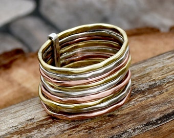 Hammered Ring, Interlocked Ring, Rolling Ring, Two Tone Ring, Multi Band Rings, Silver Brass Ring Handmade Ring, Statement Ring