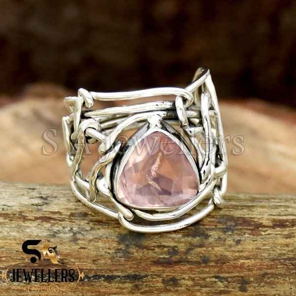 Natural Rose Quartz Ring, 925 Sterling Silver Ring, Handmade Ring, Wire Wrap Ring, Zigzag Ring, Trillion Gemstone Ring, Anniversary Ring