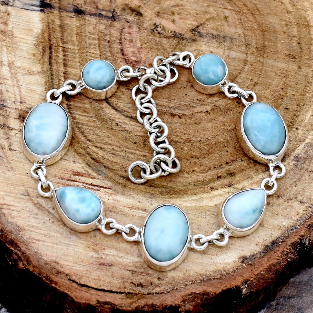 Larimar Bracelet, Sterling Silver Chain, Dominican Gemstone - Etsy