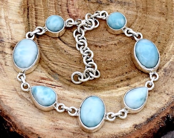 Bracciale in Larimar, catena in argento sterling, pietra preziosa dominicana