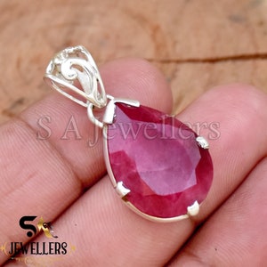 Handmade Pear Shape Indian Ruby Pendant: 925 Sterling Silver Wedding Necklace