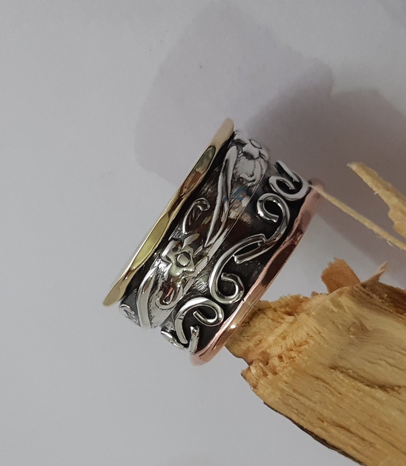 Spin Meditation Ring Wide Band Thumb Ring Silver Handmade Jewelry Handmade Silver /& Brass Ring Two Tone Ring