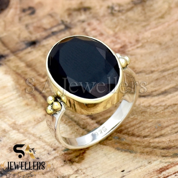 Black Onyx Ring, 925 Sterling Silver Ring, Natural Black Onyx Ring, Two Tone Ring, Handmade Silver Ring Hammered ring Handmade Jewelry