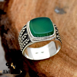 Green Onyx Ring, 925 Sterling Silver Ring, Handmade Ring, Men&#39;s Ring, Cushion Gemstone Ring, Textured Band Ring, Onyx Men&#39;s Ring