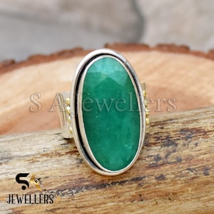 Handmade Emerald Ring: 925 Sterling Silver Wide Band, Wedding Jewelry