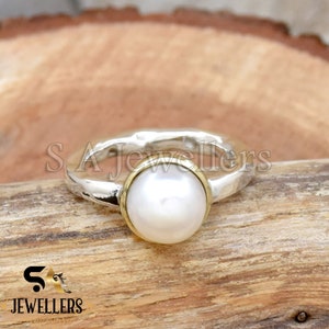 Handmade Sterling Silver Pearl Ring: Two-Tone Hammered Band