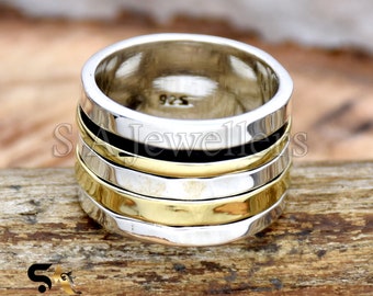 Spinner Ring, Two Tone Ring, Handmade Silver & Brass Ring, Spin Meditation Ring, Thumb Ring, Hammered Ring, Handmade Jewelry, Gift For Her