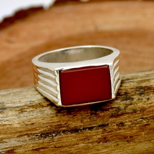 Handmade Carnelian Signet Ring: 925 Sterling Silver Baguette Statement Ring
