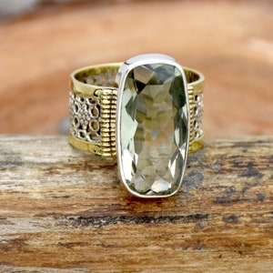 Natural Green Amethyst Ring, 925 Sterling Silver, Designer Band Ring, Bohemian Ring, Two Tone Ring, Handmade Jewelry, Gift For Her