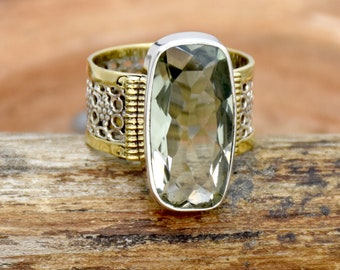 Green Amethyst Ring: Sterling Silver Two-Tone Band, Handmade Bohemian Jewelry