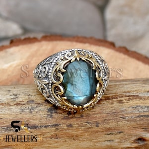 Handmade Blue Labradorite Ring: Two-Tone 925 Silver Boho Ring