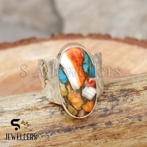 Hammered Oyster Turquoise Ring: Sterling Silver Wide Band, Bohemian Wedding Jewelry