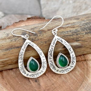 Green Onyx Sterling Silver Earrings: Handmade Filigree Dangle