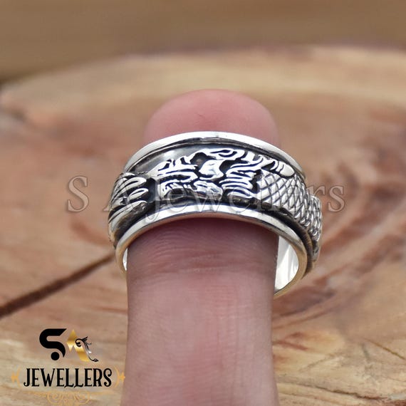 925 Sterling Silver Dragon Spinner Ring: Men's Fidget Thumb Ring