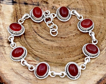 天然カーネリアンスターリングシルバーブレスレット - 調節可能な