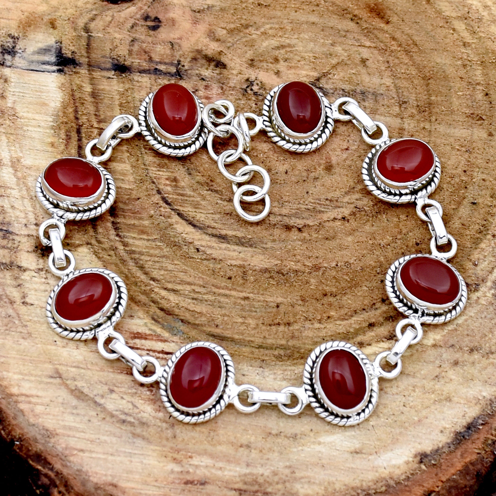 天然カーネリアンスターリングシルバーブレスレット - 調節可能な