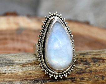 Pear Rainbow Moonstone Ring: Handmade 925 Sterling Silver Filigree Ring
