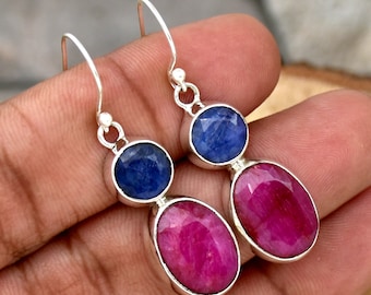 Ruby and Sapphire Sterling Silver Dangle Earrings