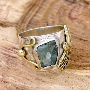 Raw uncut Aquamarine Solitaire Sterling Silver Ring, Two Tone Ring, Aquamarine Gemstone Ring,Rough Ring, Rough Aquamarine Raw Ring Jewelry