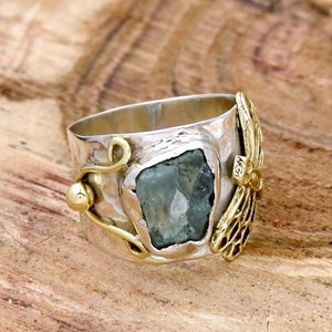 Raw Aquamarine Sterling Silver Ring: Two-Tone Gemstone Jewelry