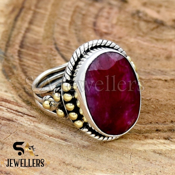 Indian Ruby Ring, Faceted Ruby Ring, 925 Sterling Silver Ring, Two Tone Ring, Three Band Ring, Oval Gemstone Ring, Handmade Jewelry For Her